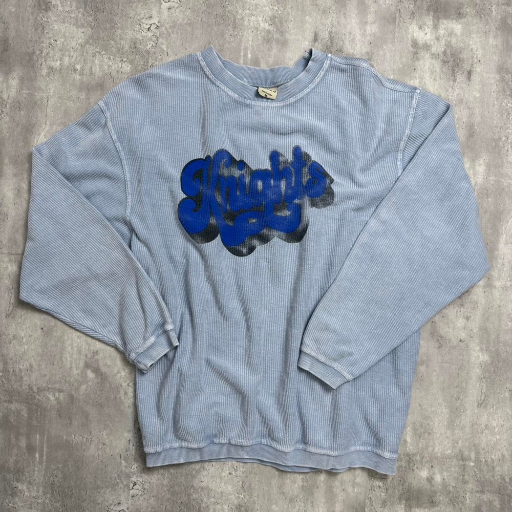 Chicka-d Mens Knights Ribbed Corded Sweatshirt Blue Ripped Vintage Crewneck M